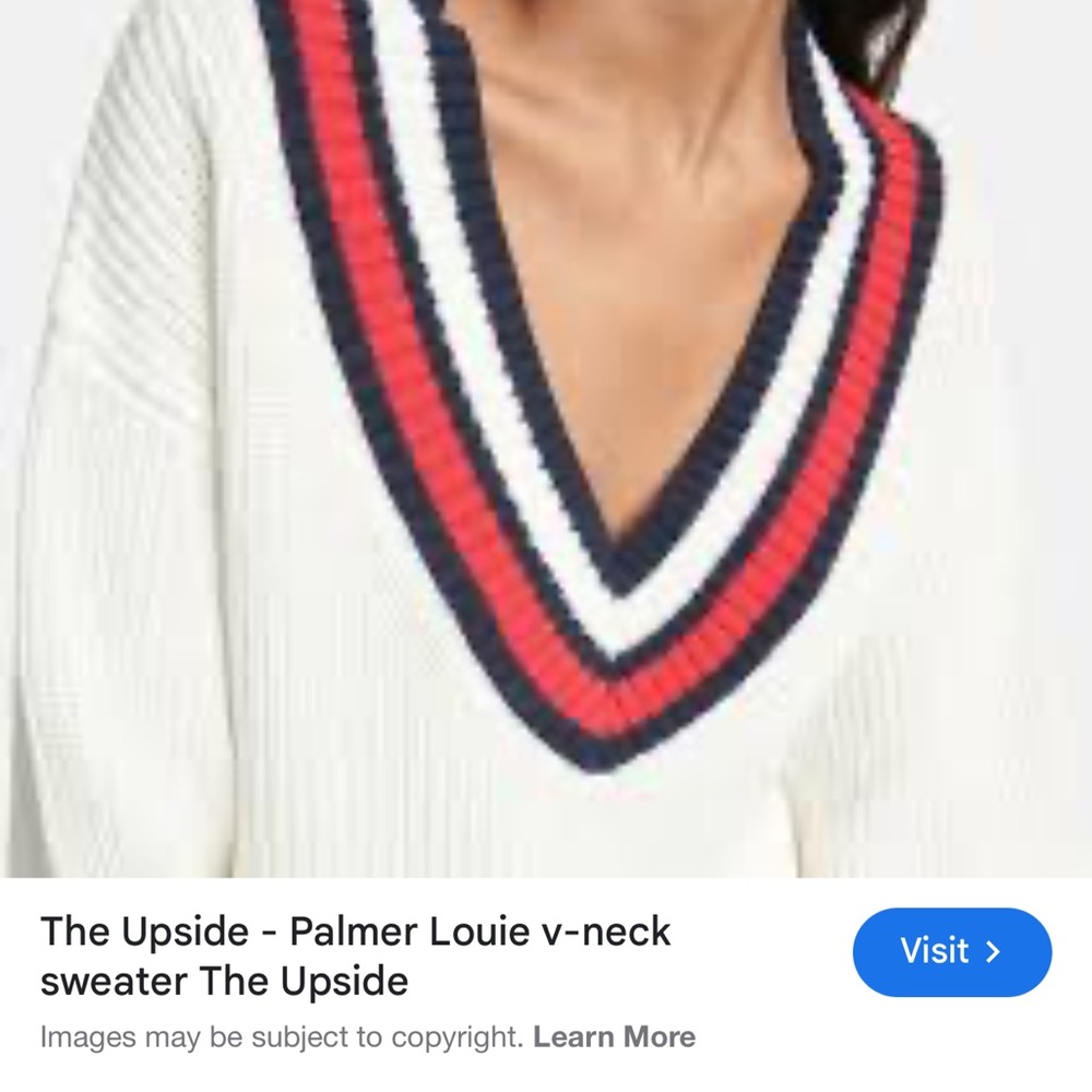 The Upside V-Neck Sweater - White with Red and Blue Trim